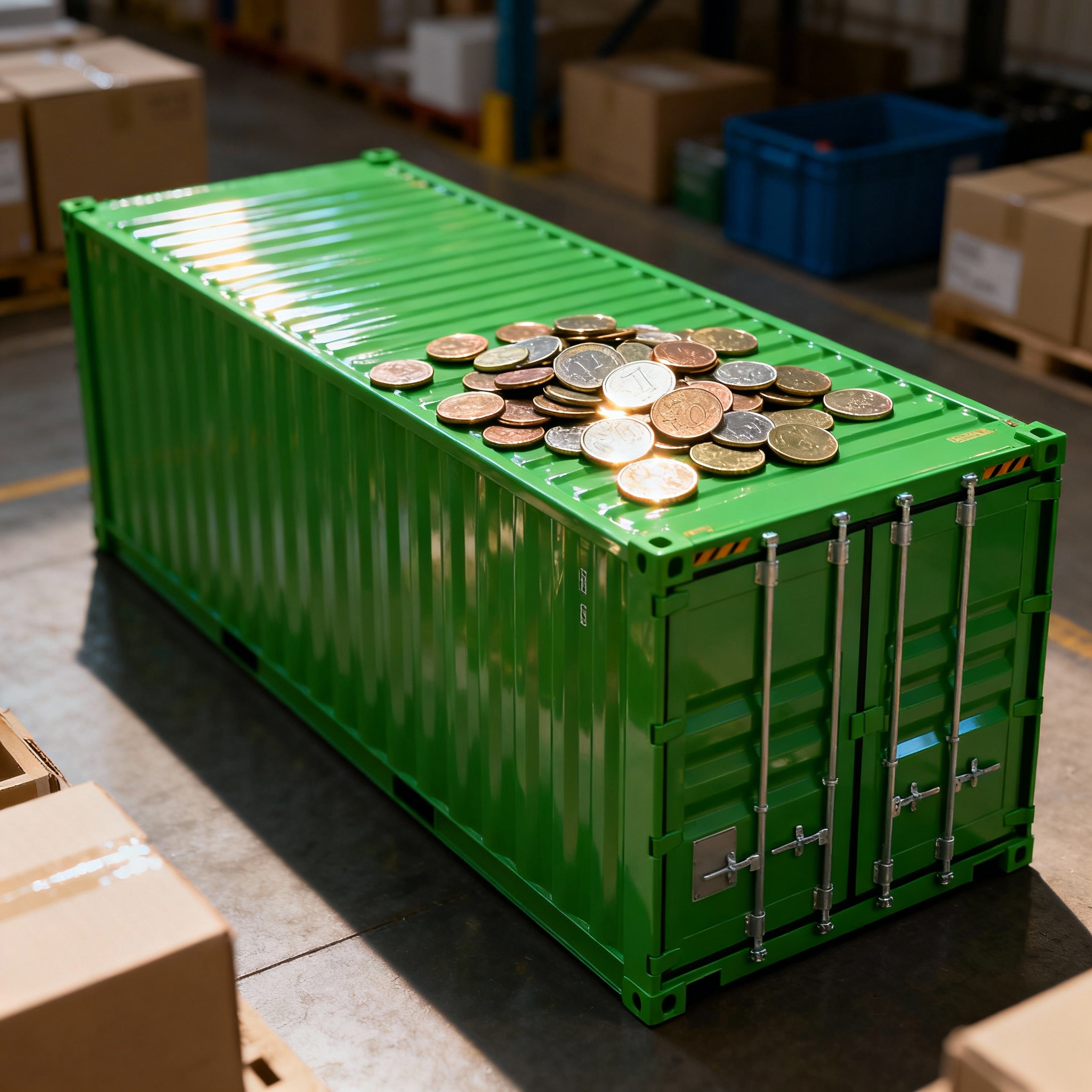 seedream-4.5_moedas_de_diversas_denominações_espalhadas_em_cima_de_um_container_de_logísti-2